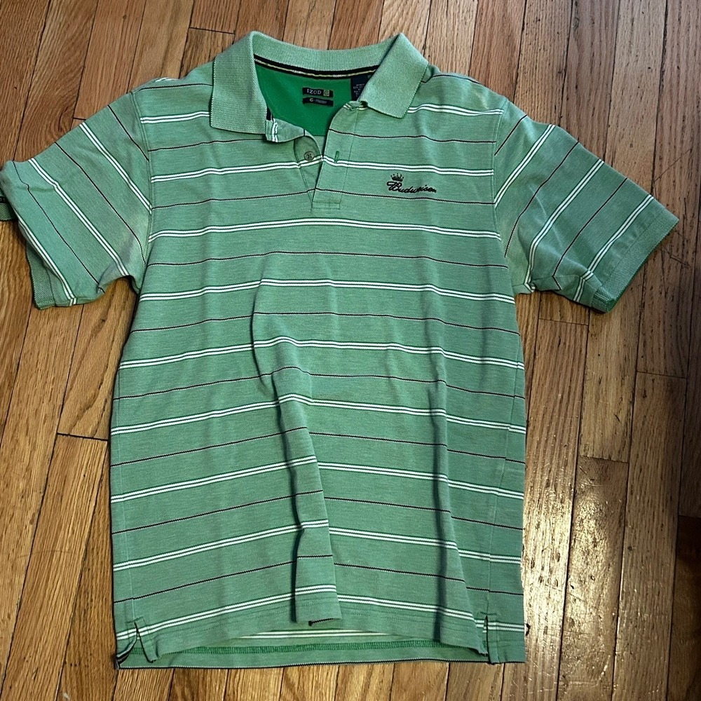 Budweiser Izod Polo Golf Shirt Green Stripes Size Medium
